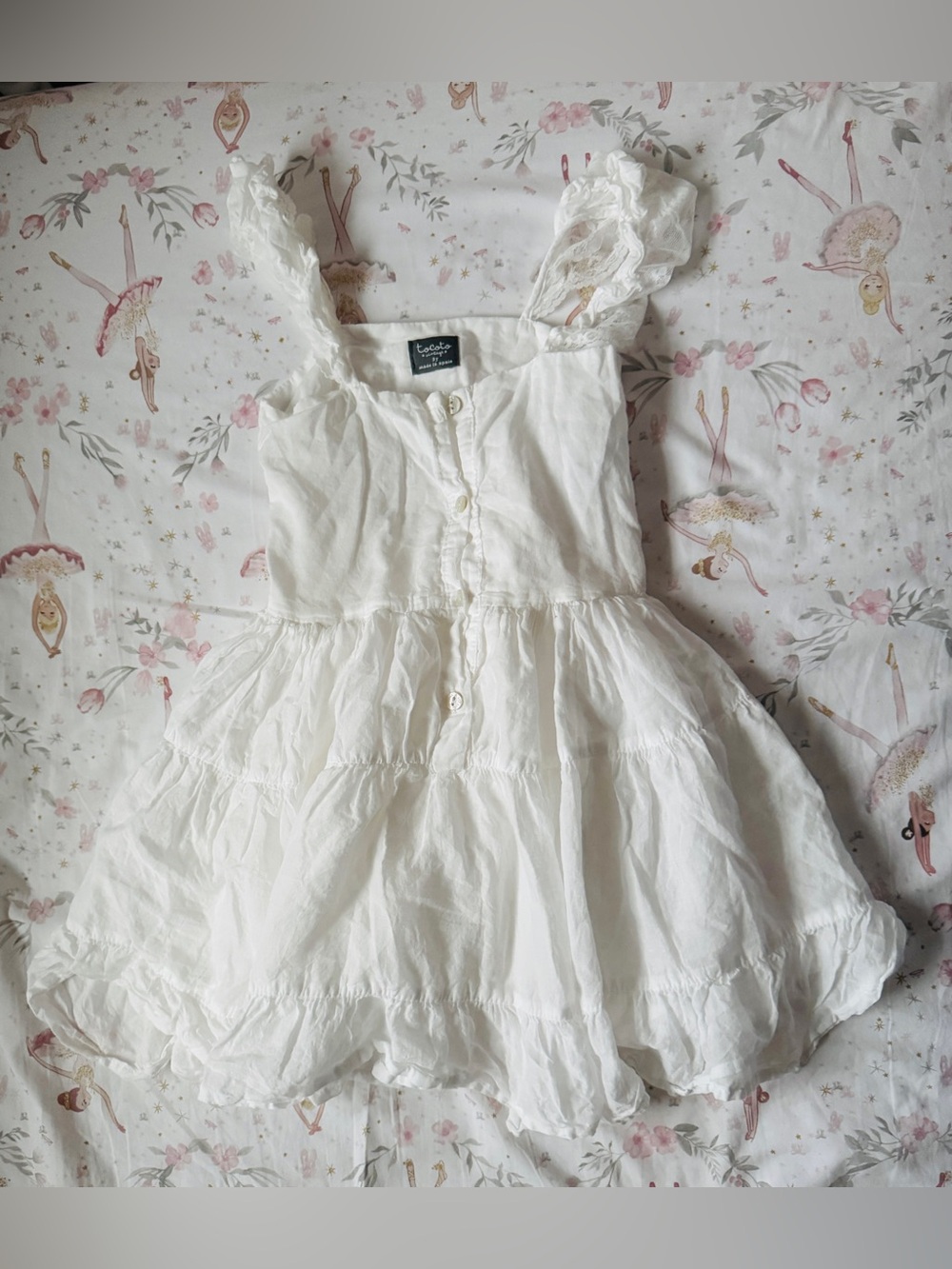 Tocoto Vintage Girls 3Y White Cotton Lace Ruffle Tiered Dress Made Spain